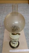 Large Vintage Brass 'Hinks' Parrafin Lamp with Decorated Spherical Glass Shade and Chimney