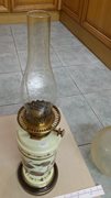 Large Vintage Brass 'Hinks' Parrafin Lamp with Decorated Spherical Glass Shade and Chimney