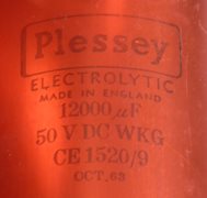 Three Vintage Plessey Electrolytic Capacitors, 50V DC, 12000uF