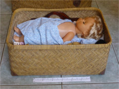 Wicca Basket with Dolls/Clothes and Cross Stitch materials, etc.